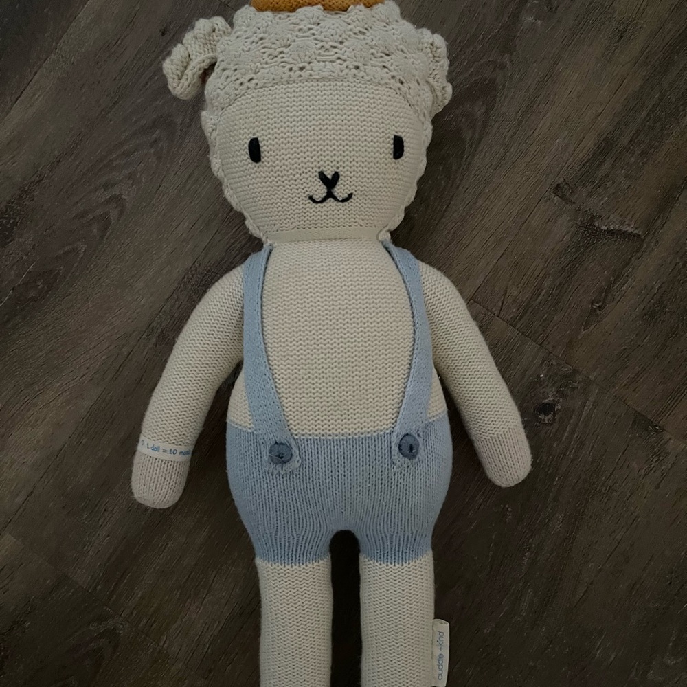 Charming Knit Lamb Doll with Cream and Blue Outfit